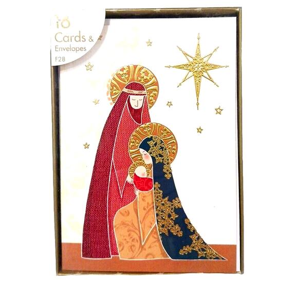 Fancy Box 16 Christmas CARDS GOLD LEAF Baby JESUS Mary Joseph Star Religious - Picture 12 of 16